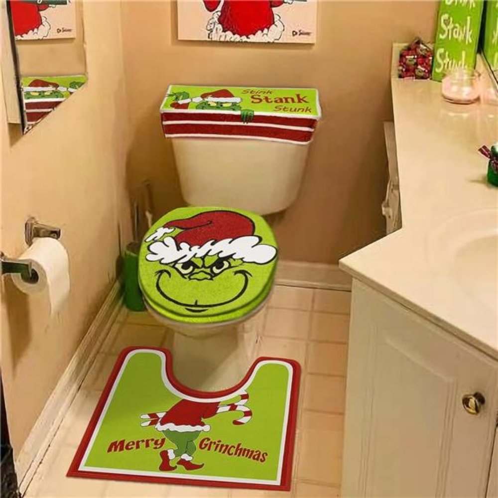 Set of 4 Grinch Decor Toilet Seat Cover and Rug for Indoor Home Red - Green